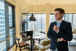 Retrato de jovem empresário na sala de estar de apartamento de padrão elevado para investidores.